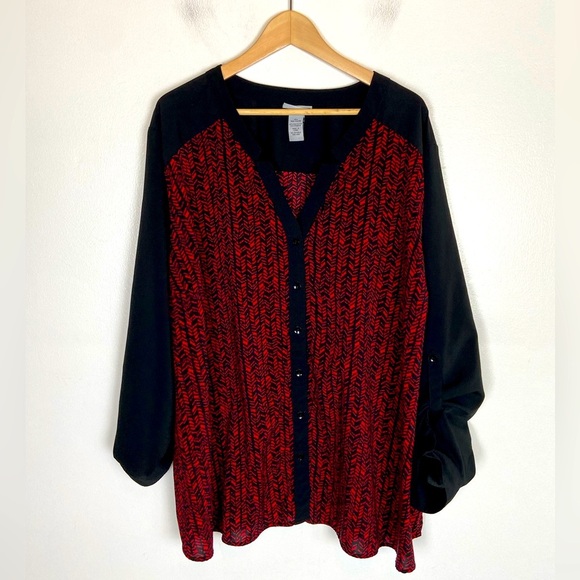 Catherines Chiffon Button Down Top Size 4X Red & Black Roll Tab Sleeves V-Neck - Picture 1 of 7